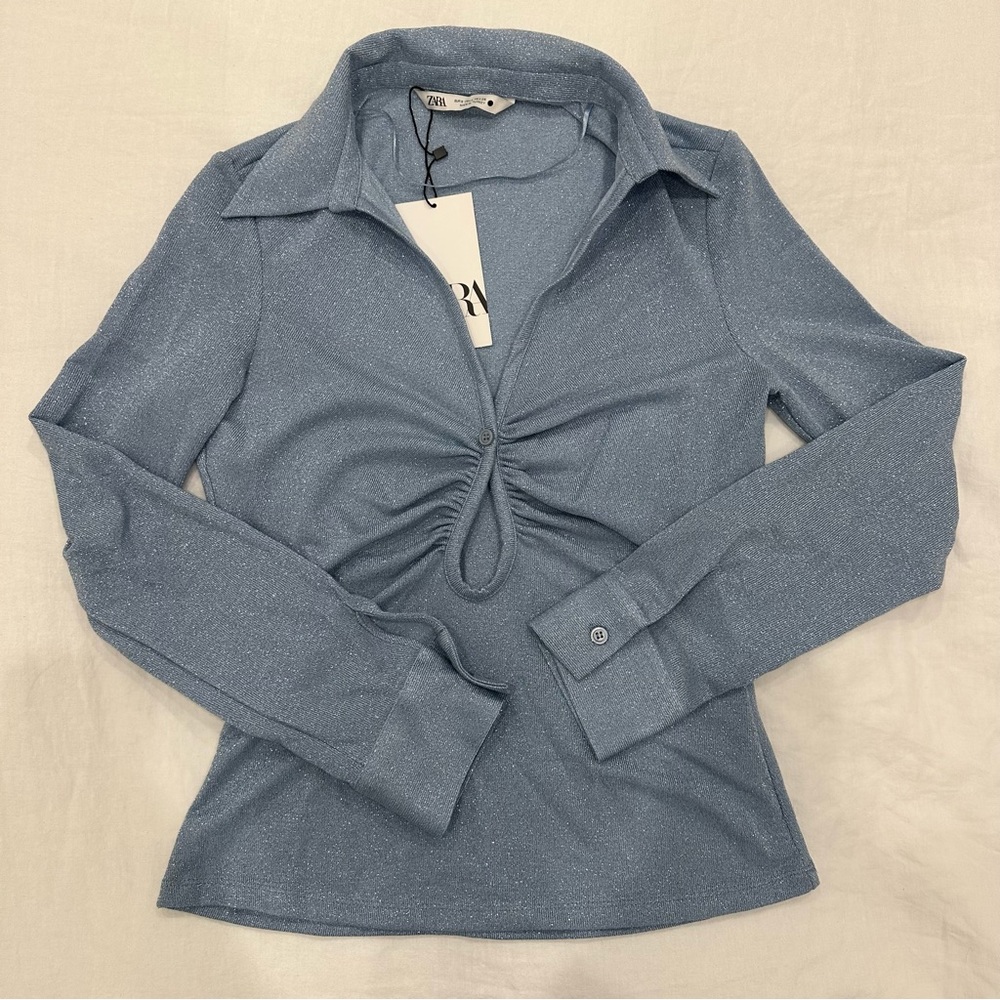 NWT Zara Women’s Icy Blue Metallic Collared Keyhole Cutout Long Sleeve Top